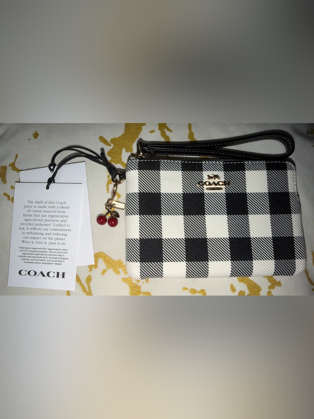 Coach Checkered Wristlet with Coach Cherry Charm